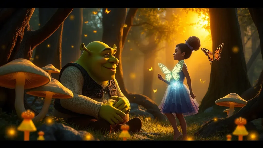 "Shrek 5 concept art featuring Zendaya’s new character in a magical swamp setting."